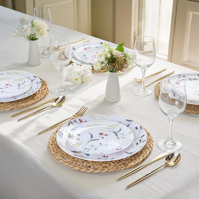 U-QE 50Pcs Wildflower Plastic Plates - Spring Floral Plates Disposable Heavy Duty, Fancy Floral Pattern Perfect for Weddings, Tea Parties, Holidays - 10.25" Dinner Plate & 7.5" Dessert Plate