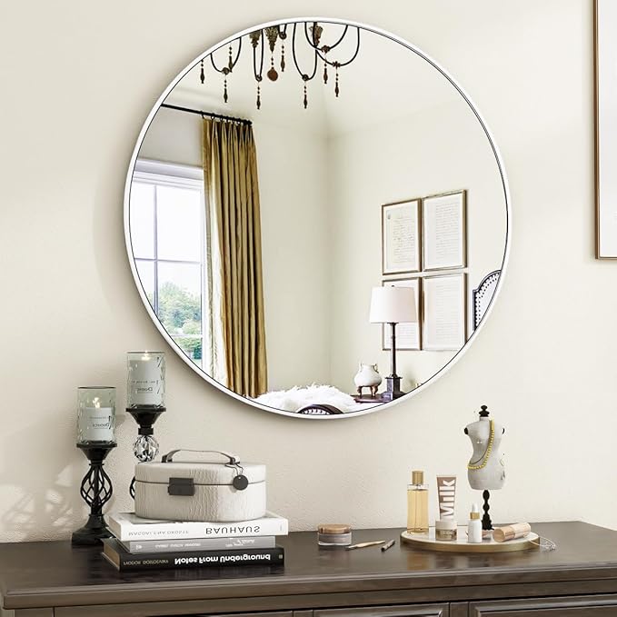 VooBang White Round Bathroom Mirror, 20 inch Circle Mirror,with Simple Metal Frame, Modern Round Hanging for Bathroom, Hallway, Livng Room (White Frame)