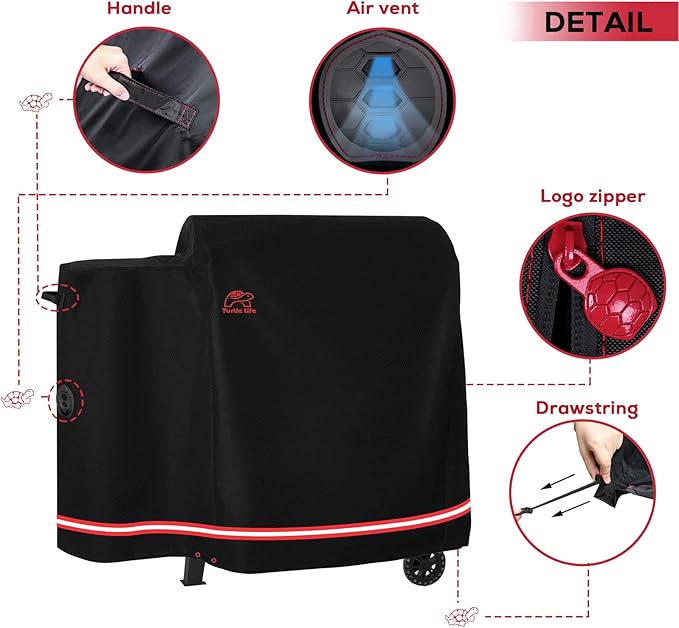 Turtle Life Pellet Grill Cover, Heavy Duty All Weather Protection Wood Pellet Smoker Barbecue Cover for Pit Boss Rancher 700D, Black, 52" Wx27”Dx39”H