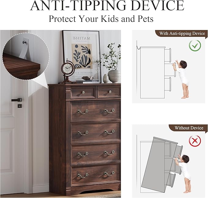 Walnut 6 Drawer Dresser for Bedroom, 47" Tall Dresser, Wood Rustic Chest of Drawers with Chic Wood Pilasters, Dressers Organizer for Bedroom, Hallway, Living Room