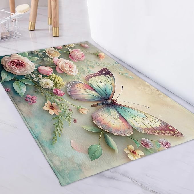 LB Spring Floral Bath Mat for Bathroom- Pink Rose Flower Aesthetic Butterfly Non Slip Doormat- Rustic Green Leaf Absorbent Memory Foam Living Room Bedroom Door Front Floor Area Rugs,31.5x19.6 Inch