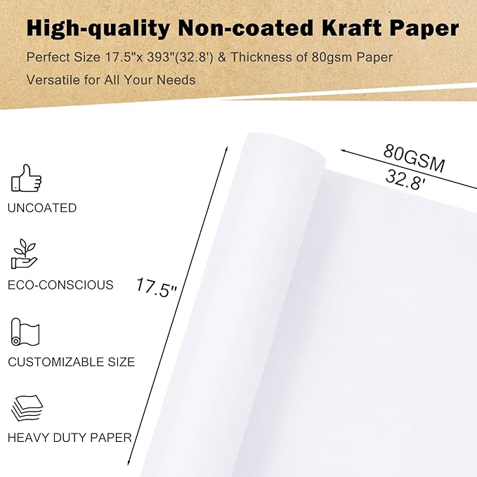 RUSPEPA White Kraft Wrapping Paper Roll, 17.5"x 393"(32.8'), Recyclable White Art Gift Wrap Paper for Gift Wrapping, Table Covering, Kids Craft Supplies, Bouquet Flower, Poster Bulletin Board, 80GSM