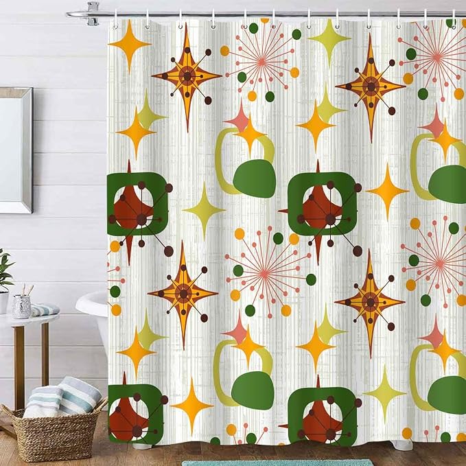 Mid Century Shower Curtain, 72x72inch, Modern Abstract Retro Green Striped Geometric Shower Curtain Sets 1950s Boho Bathroom Shower Curtain with 12 Hooks