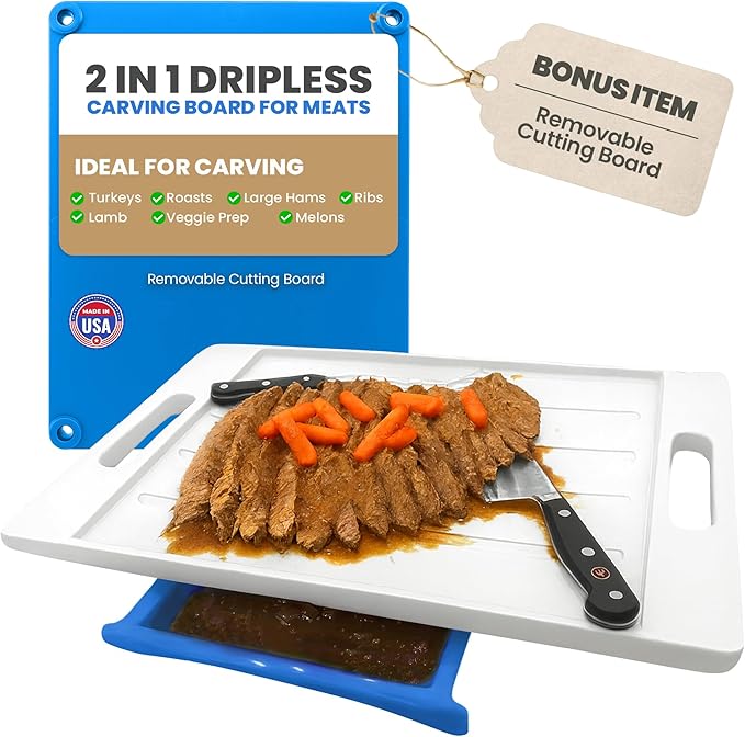 XL Meal Prep System Cutting Board - Large Cutting Board with Juice Groove, Spikes, Drip Tray & Removable Surface - Carving Board - BBQ Essential & Kitchen Gifts - BPA Free Cutting Board - Blue