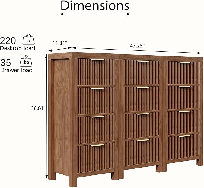 Modern 12-Drawer Solid Wood Dresser with Fluted Front & Gold Handles, Multifunctional Tall Storage Chest, for Hallway, Entryway, Walnut X3
