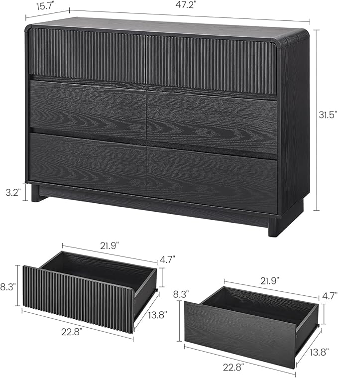 AOGLLATI Modern 6 Drawer Dresser for Bedroom, 47" Wide Fluted Double Black Dressers & Chests of Drawers with Curved Profile Design for Bedroom,Black