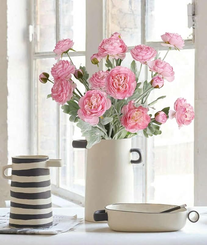 IPOPU Pink Peonies Artificial Flowers 6pcs Pink Artificial Ranunculus Flowers18Heads Pink Silk Peonies with Stems Real Look for Spring Decorations Floral Arrangements Home Table Centerpiece
