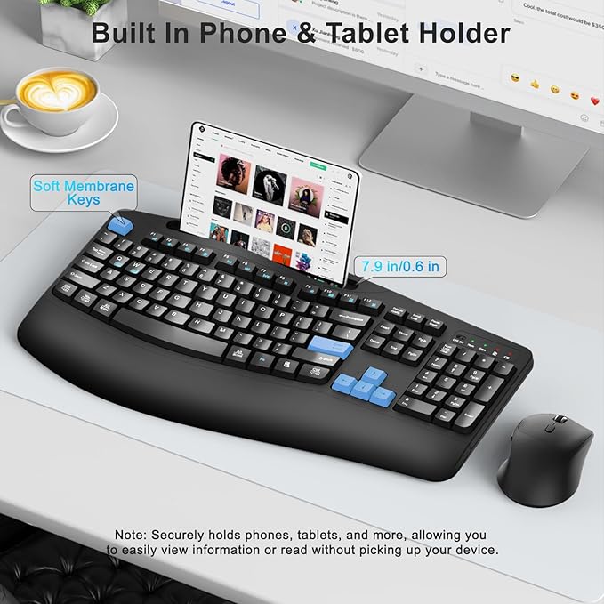 Wireless Keyboard and Mouse Combo, 2.4G Full Size Wave Keys Ergonomic Keyboard with Wrist Rest, Phone Holder, 3-Level DPI Wireless Silent Mouse with 6-Buttons, for Windows, Mac OS, Laptop (Blue Black)