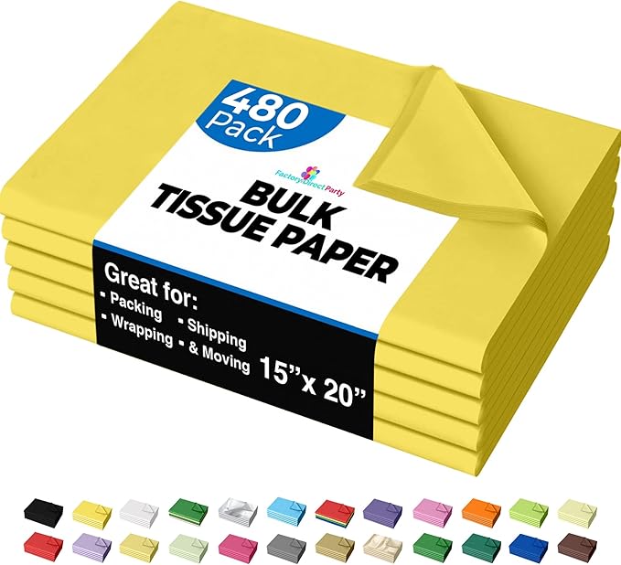 Party Solids Yellow Tissue Paper for Gift Bags - 15" X 20" Bulk Tissue Paper Yellow 480 Sheets - 10lb Newsprint for Packing, Birthday Gift Box Filler, Packing Supplies for Moving Supplies