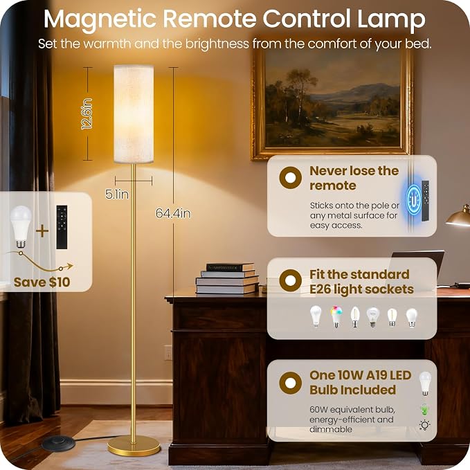 Dimmable Floor Lamp for Living Room with Remote and Foot Switch, Standing Tall Lamp, Bulb Included, 3000K-6500K, Beige and Gold, FCC Listed DE06LD05W1
