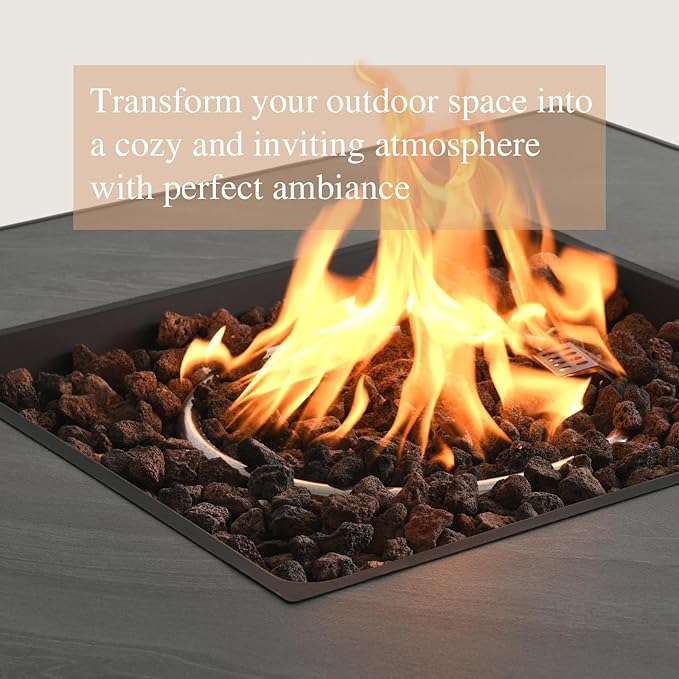 YATEMATE 36'' Propane Gas Fire Pit Table, Sintered Stone Tabletop & Polyresin Stone Look Panel, 50000 BTU Gas Fire Pit for Outside Patio and Garden, with Metal Lid & Lava Rocks