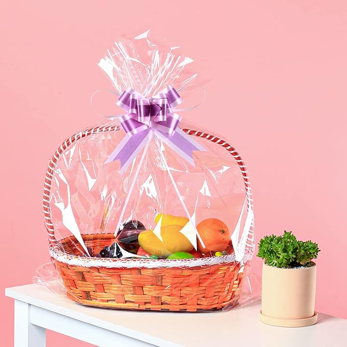 50 Packs 32" x 40" Cellophane Bags for Basket Extra-large Jumbo Clear Cellophane Wraps Clear Huge Cello Bags for Baskets, Gifts, Christmas Trees, Treats, Arts and Crafts, 50ct Ribbon Bows