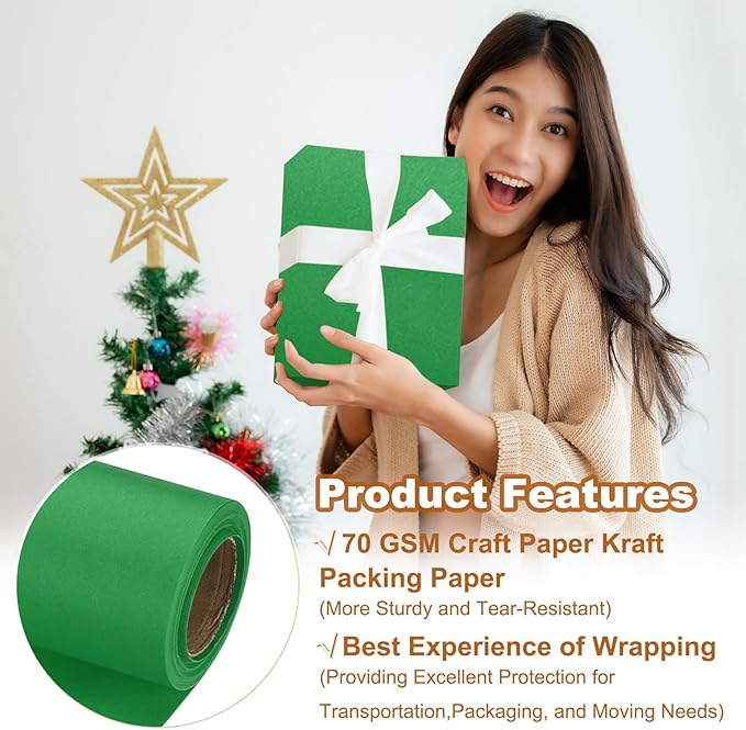PATIKIL Wrapping Paper, 17" x 300"(25') 70 GSM Craft Paper Roll Kraft Packing Paper for Poster Bulletin Board, Gift Wrapping, Green