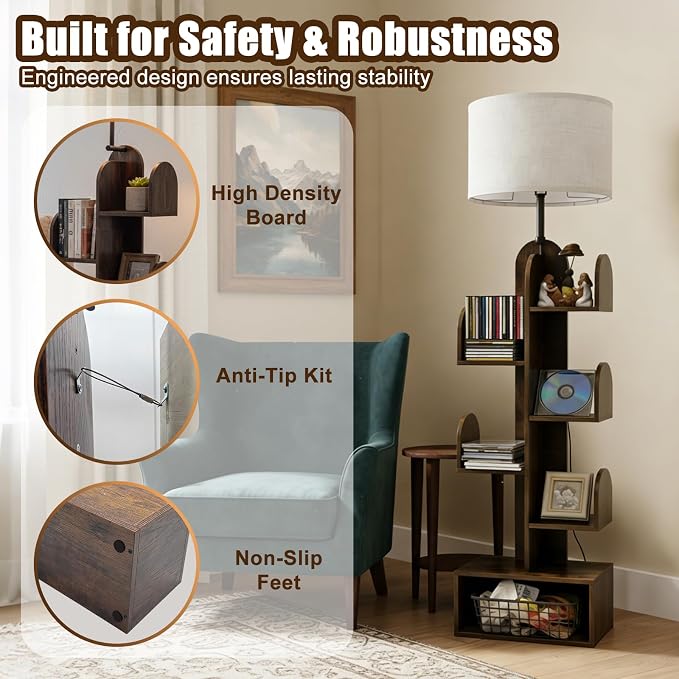 Cactus Tree Floor Lamp with 3-Color Dimmable Lighting, 5-Tier Wood Bookshelf, 58" Tall Space-Saving Organizer Shelf for CDs/Movies/Books, Ideal Small Space Solution for Living Room/Bedroom/Home Office