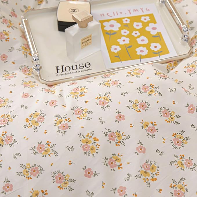 Ruffle Floral Comforter Set King 3 Pieces Vintage Flowers Pattern Romantic Ruffled Comforter with 2 Pillowcases Fluffy Soft Cottagecore Bedding Set Farmhouse Flowers Botanical Comforter Set King