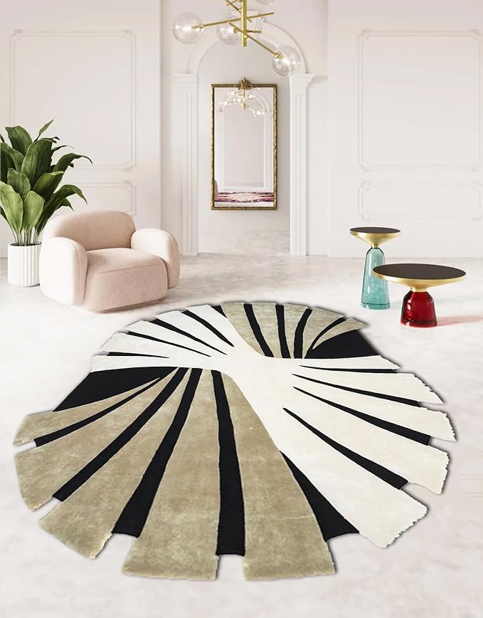 Contemporary Aesthetic Geometic Art Deco Abstract Rug 5x7 Brown Black White Stripes Washable Area Rug for Living Room Bedroom Nursery Shaggy Carpet Under Dining Coffee Table Non Slip Easy Clean Mats
