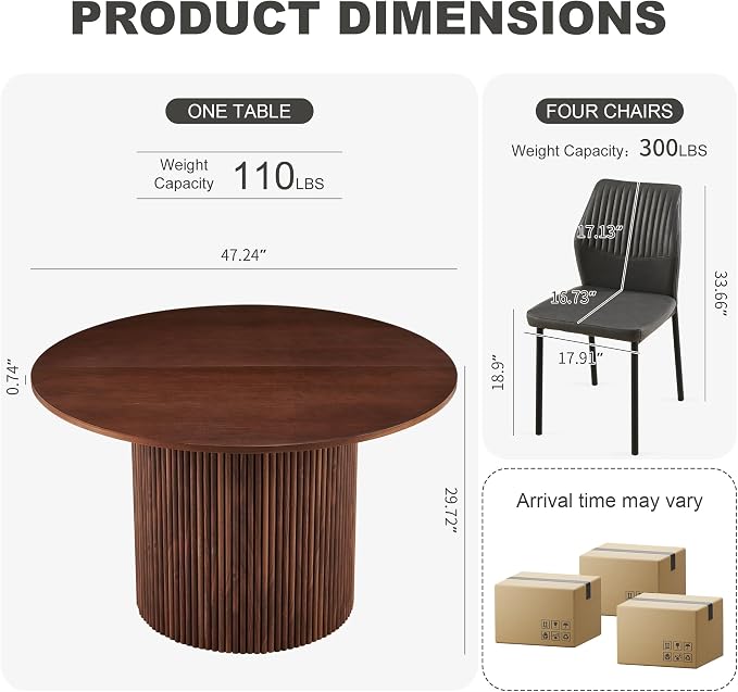Dining Table Set for 4, 47" Wooden Round Kitchen Table with PU Leather Chairs for Kitchen Room and Small Spaces(Walnut Table + 4 Dakr Grey Chairs)