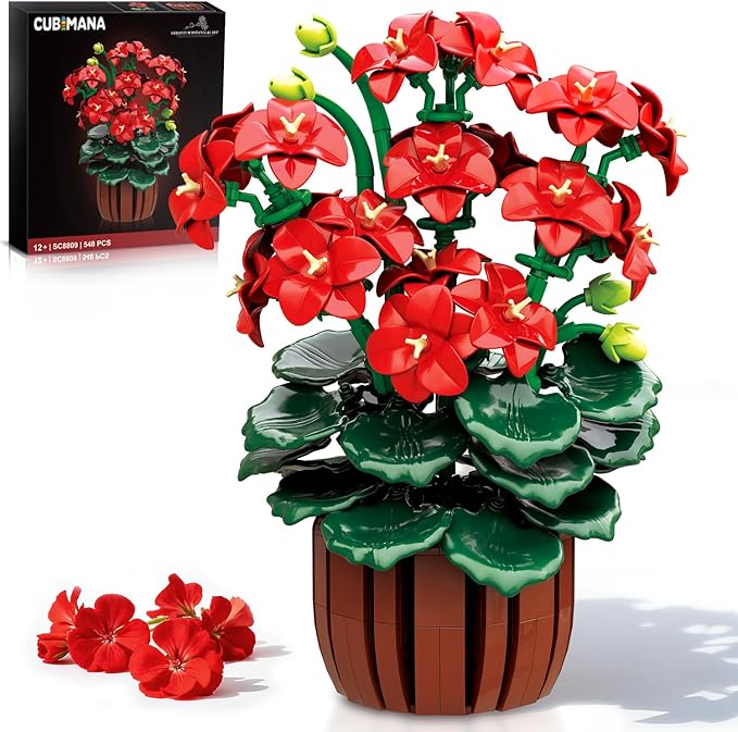 Flowers Geranium Botanicals Building Set - Artificial Bonsai Plants for Home Office Decor Display, 548PCS Geranium Flowers Pot Building Blocks for Adults Women Ages 12+ Gift for Christmas