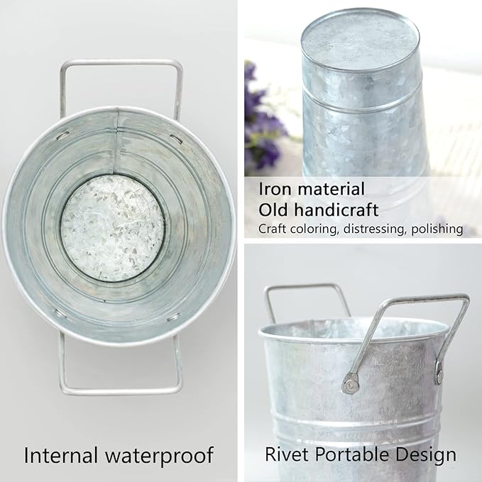 Notakia Galvanized Metal Vases Farmhouse French Flower Bucket Vases for Cut Flowers for Home Decor and Wedding Table Centerpiece Decorations (9.05in Silver 4Pcs)