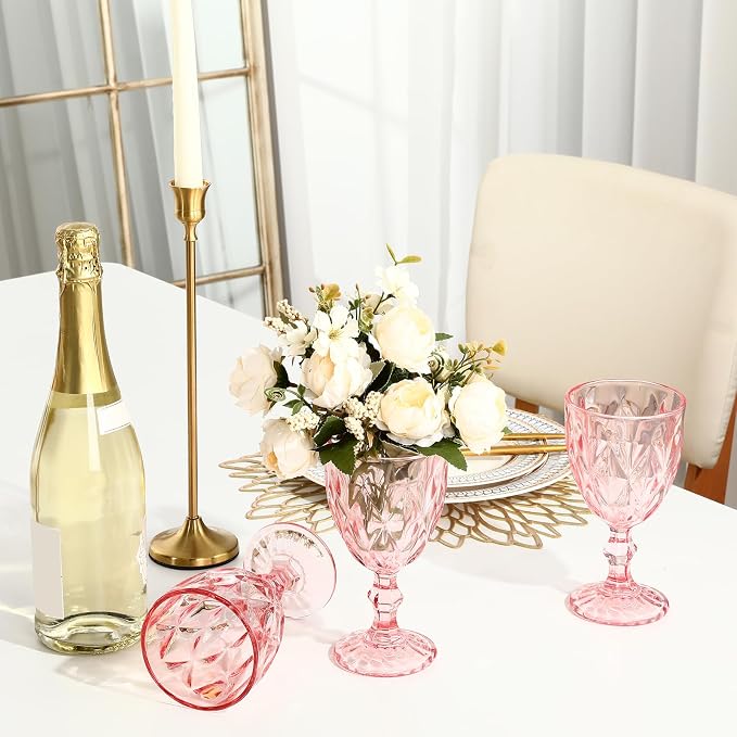 Yinder Glass Goblet Vintage Wine Goblet Embossed Glassware 10 oz Solid Color Glass Stemmed Cups for Iced Tea Beverage Soda Juice Water Liquor and Party Wedding Bars Restaurants(Pink,6 Pack)