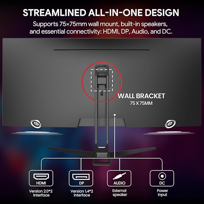 CRUA 34'' Gaming Monitor 165Hz/144Hz, UWQHD 3440x1440P IPS Ultrawide Screen Computer Monitors with Built-in Speakers, Supports FreeSync, 120% sRGB, PIP/PBP, HDMI2.0 & DP1.4, Wall Mount&Tilt Adjustable