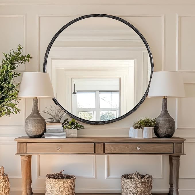 ANDY STAR Hand-Forged Round Mirror for Wall, 24 Inch Black Solid Steel Antique Rounded Bathroom Mirror, Vintage Hammered Metal Frame Circle Mirror for Wall Decor, Vanity, Bedroom, Entryway