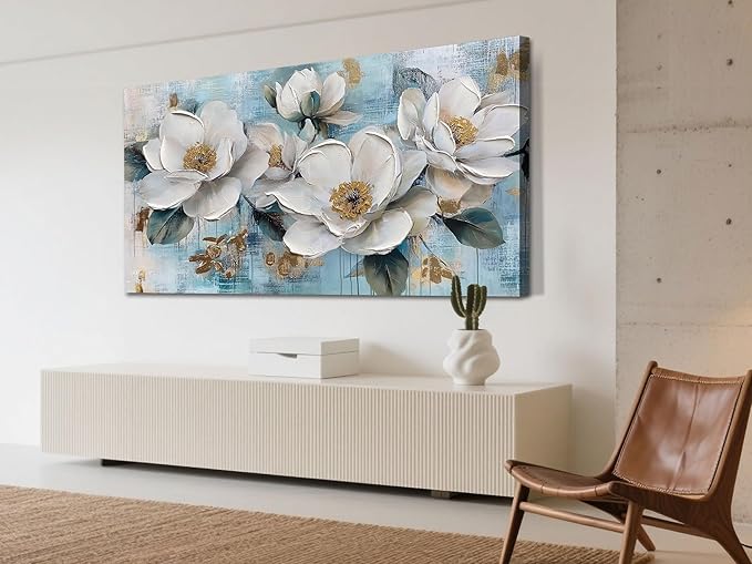 Ardemy Flower Wall Art for Living Room White Floral Canvas Art Wall Decor, Magnolia Teal Picture Textured Painting Turquoise Artwork Bedroom Dining Room Kitchen Home Office 40"x20"