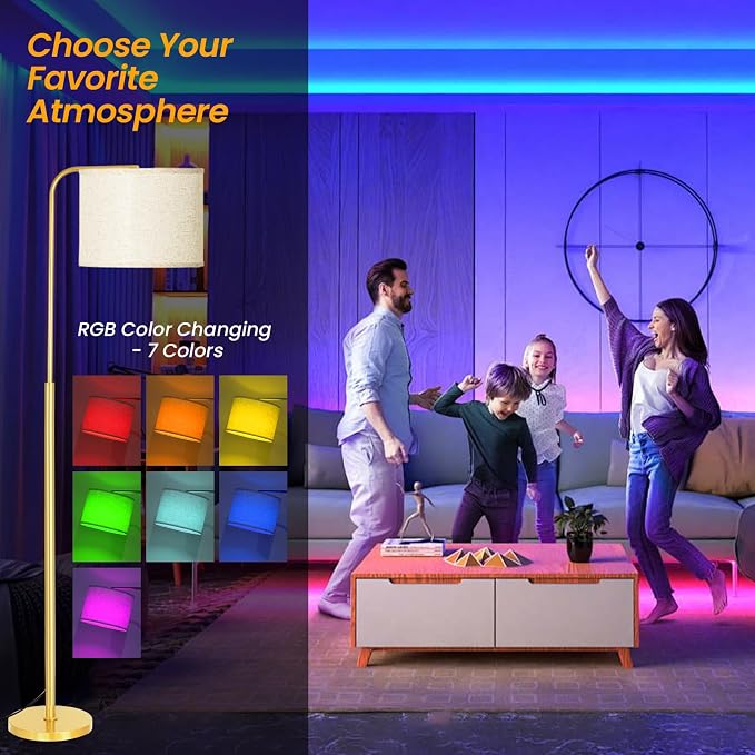 Remote Floor Lamp for Living Room and Bedroom - Modern RGB Standing Lamps Tall with Led Blub and Dimmable Light - Black Arc Room Lights with Shade for Home Decor Office Corner and Reading ( Gold+RGB)