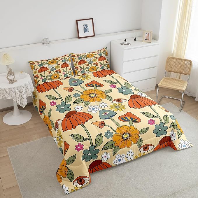 Castle Fairy Retro Flowers Comforter Set Full Size,70s Floral Mushroom Bedding Comforters Room Decor,Art Hippie Plant Eye Print Quilt Set with 2 Pillowcases,Teens Present