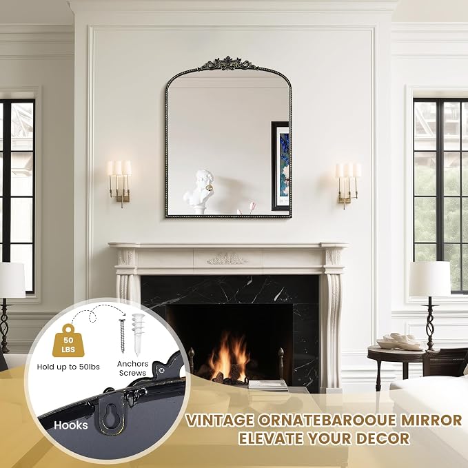 WallBeyond Black Vintage Mirror for Vanity 28x36 Inch, Black Antique Mirror with Ornate Frame, Arched Vintage Wall for Bathroom, Living Room, Fireplace, Entryway