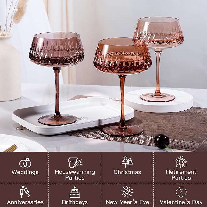 JOVGANK Amber Martini Glasses Set of 6, Hand Blown Colorful Glass 14Oz, Vintage Champagne Coupe Glasses, Large Brown Glass, Crystal Retro Style Bar Glasses, Housewarming and Mother's Day Gift
