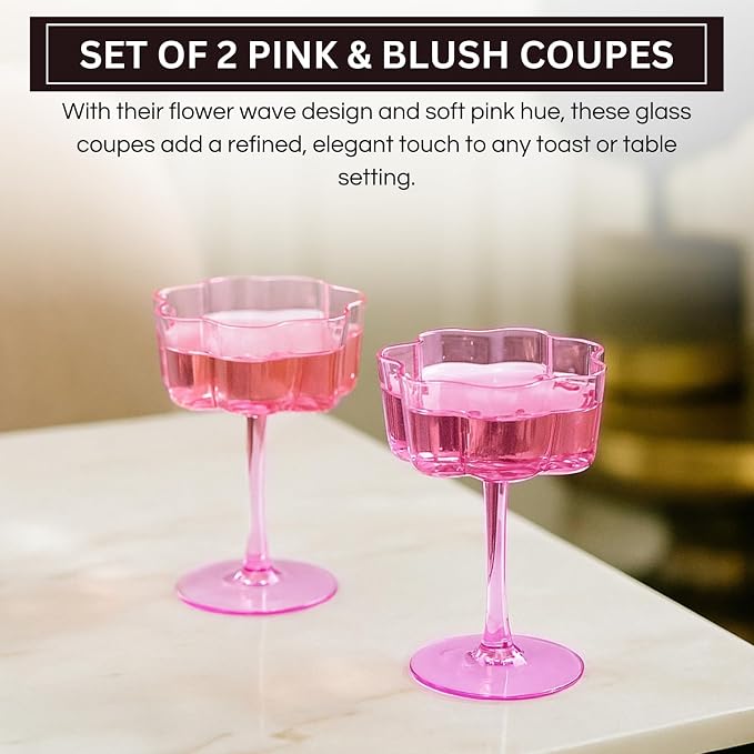 Flower Scalloped Vintage Wavy Petals Wave Glass Coupes 7oz Colorful Martini, Champagne & Cocktails, 2 Pink & Blush Set Amber Rippled Champagne Glasses, Elegant Bar Glassware, Aesthetic Coupe Glassware