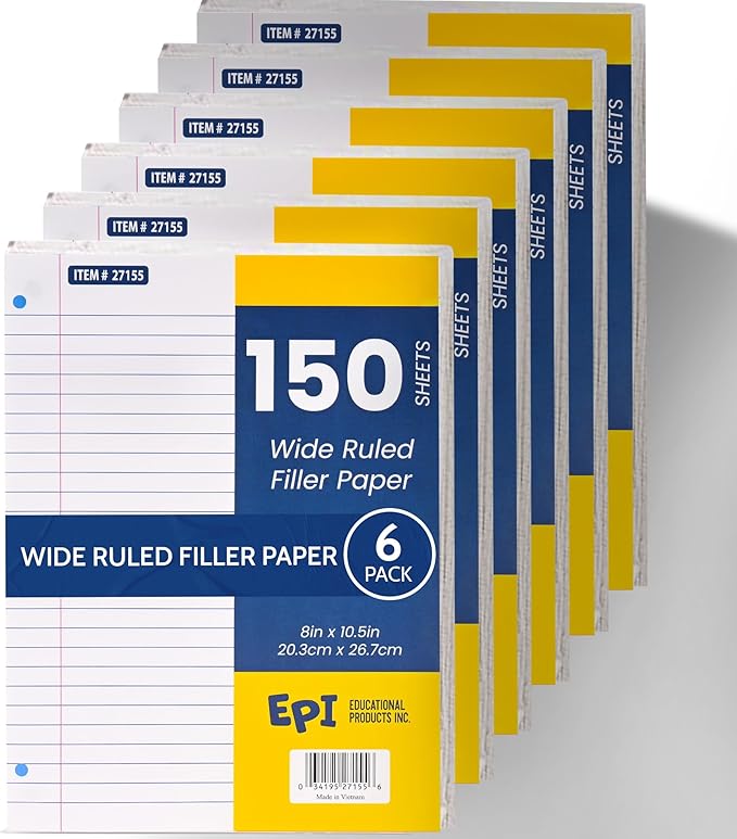 EPI Filler Paper | Wide Ruled | Loose Leaf, 3-Hole Punched, 10.5 x 8 in, 150 Sheets | School, Office, Notes, Binder Refill - 6 Pack