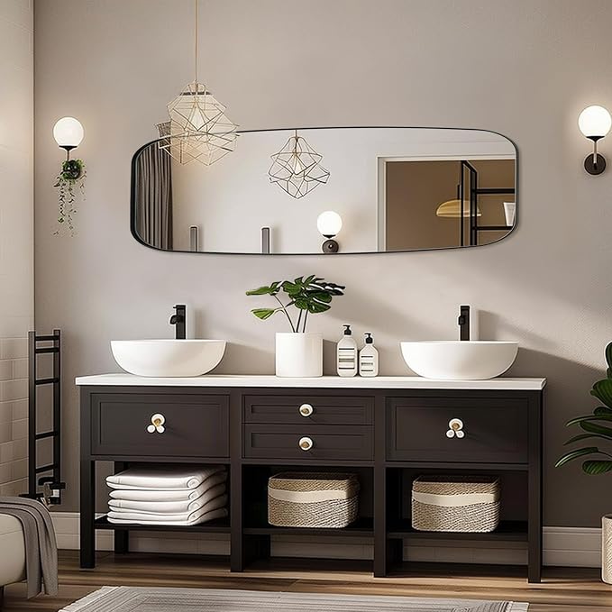 ANDY STAR 18x48 Full Length Wall Mirror, Matte Black Oblong Shaped Body Mirror with Stainless Steel Metal Frame, Rounded Corner Design for Floor and Leaning