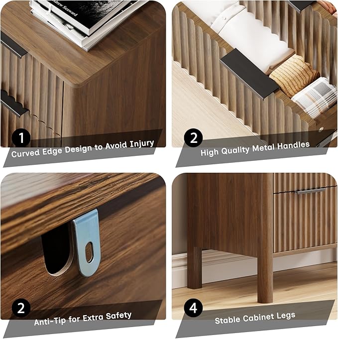 47" Tall Dressers for Bedroom Fluted 5 Drawer Dresser, Wooden Dresser Modern Chest of Drawers Dressers with Organizer Storage for Bedroom, Living Room, Entryway, Walnut