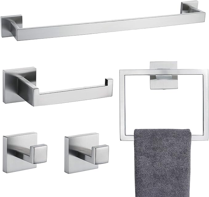 Bathroom Towel Bar Set 5 Pieces Brushed Nickel Square Modern Bathroom Hardware Set,Stainless Steel Wall Mounted 23.6-Inch