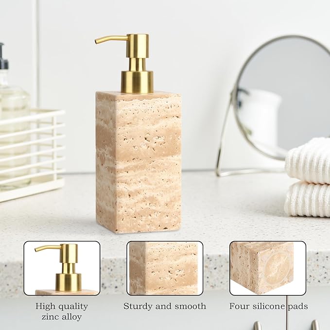 Natural Marble Soap Dispenser for Bathroom and Kitchen Countertop - 5.41 Ounces Hand Lotion and Liquid Stone Shampoo Laundry Bottle with Pump (1, Travertine, Rectangular Bottle)