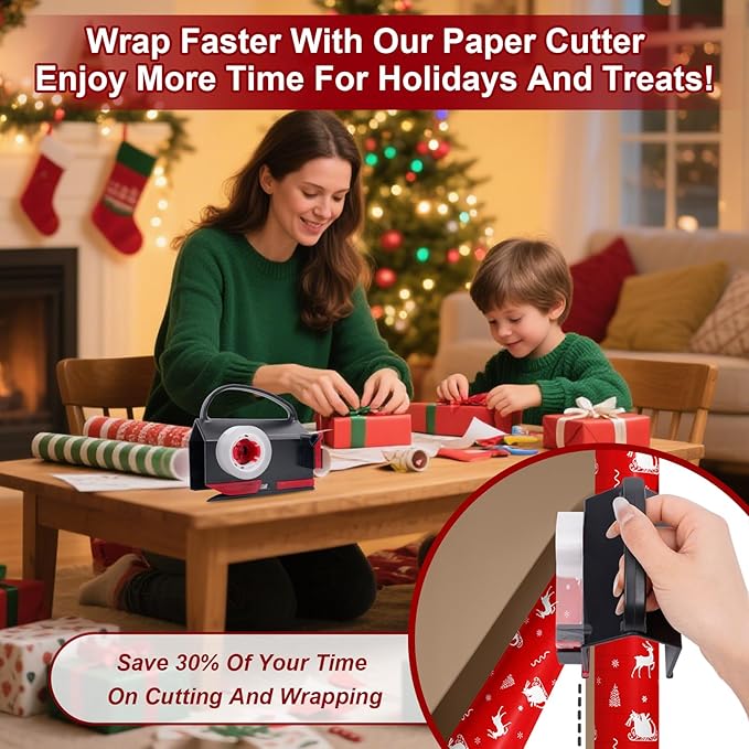 2-in-1 Wrapping Paper Cutter & Tape Dispenser, Christmas Gift Wrap Cutter Tool with 4 Tapes & Replaceable Blades, Fast Straight Cutting Tool for Holiday & Birthday Wrapping Kits