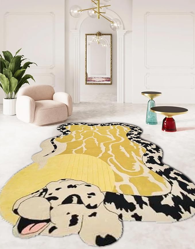 Bright Yellow Black and White Spots Snake Rug for Living Room Bedroom Guestroom Non Shedding Faux Wool Area Rug Fun Animal Shaped Rugs Vibrant Art Playroom Nursery Room Anti Slip Durable Carpet 10x12