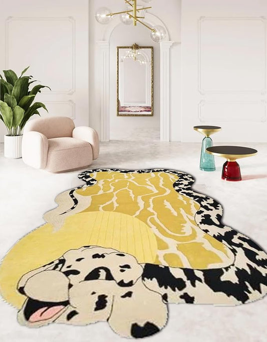 Bright Yellow Black and White Spots Snake Rug for Living Room Bedroom Guestroom Non Shedding Faux Wool Area Rug Fun Animal Shaped Rugs Vibrant Art Playroom Nursery Room Anti Slip Durable Carpet 6x9