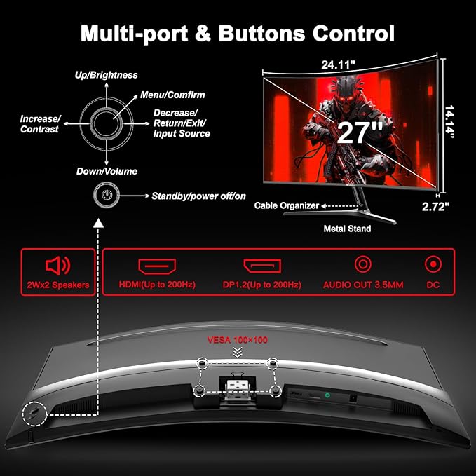SANSUI 27 Inch Curved Gaming Monitor 200Hz 1ms with Speakers FHD 1080P Computer Monitor FreeSync|1500R|130% sRGB|HDR|Low Blue Light|HDMI DP Ports|VESA Mount|Metal Stand(HDMI Cable Incl.)