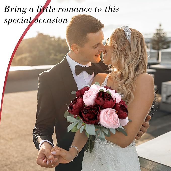Zeyune 50Pcs Wedding Artificial Peonies 4 Inch Fake Silk Peony Faux Artificial Valentine Flower Bulk Rose Flower Head for Valentine Decoration Vintage Wedding Home Office (Burgundy and Pink)