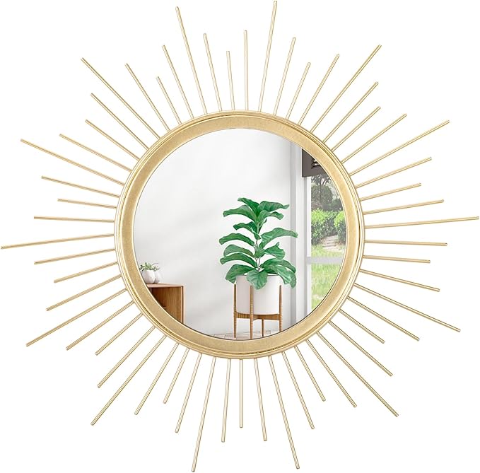 Large Gold Spoked Sunburst Wall Mirror Boho Home Decor Round Wall Art Mirror Modern Metal Mirrors for Wall Living Room Vanity Bathroom Bedroom Hallway Balcony Entryway 20"