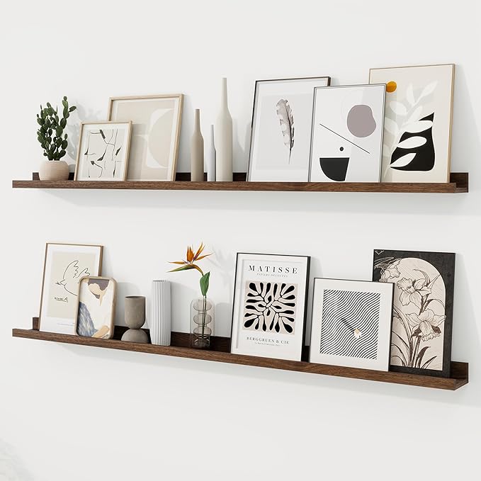 RICHFOCUS Picture Ledge Shelf, 55 inch Floating Shelves Set of 2, Wood Wall Shelves with Lip, Wall Decor Storage for Bedroom Living Room Bathroom Kitchen Nursery Photo Picture, Walnut