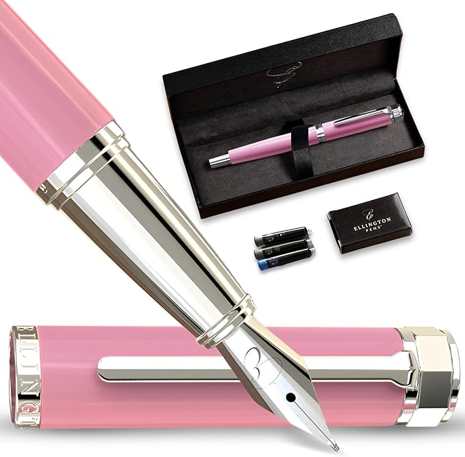 Ellington Pens Luxury Fountain Pen Set - Extra Fine Nib - Includes 3 Ink Cartridges, Refillable Ink Converter, Gift Box - Fountain Pens For Writing, Calligraphy, Journaling, Sketching (Rosy Flair)