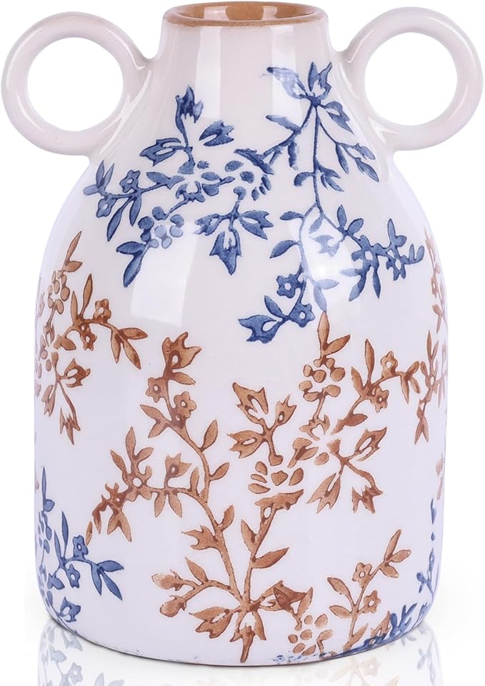 Rustic Blue Ceramic Vase with Handle, Nordic Boho Small Vases Side Table Flower Centerpiece, Wide Mouth Single Flower Vase Pampas Grass Decorative - for Home Window Sill Living Dining Room Kitchen