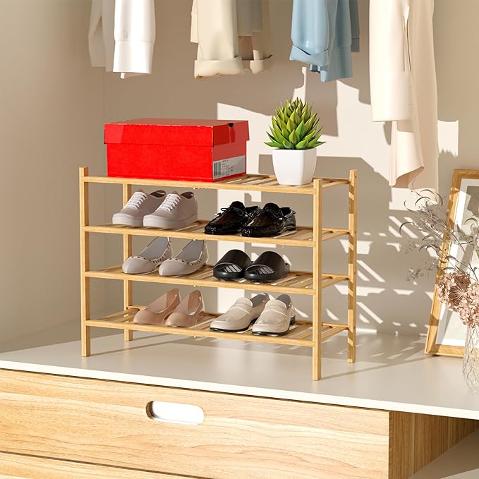 RONGJlA 4 Tier Bamboo Shoe Rack for Closet Free Standing Wood Shoe Shelf Storage Organizer for Entryway Small Space Stackable, Natural