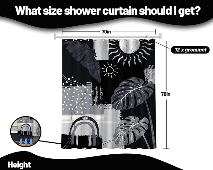 Black and Gray Mid Century Modern Shower Curtain Bohemian Abstract Dark Black and Grey Shower Curtains for Bathroom Decor Sets, Waterproof Cloth Fabric with Hooks, 70x78 Inch