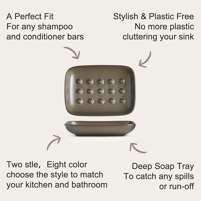 Miamolo Soap Dish for Shower, Ceramic Bar Soap Holder, Soap Saver Non-Slip, Decorative Sponge Tray for Bathroom Kitchen Sink Bathtub, Multi-Purpose, Raised Pattern - Keep Soap Dry, Brown