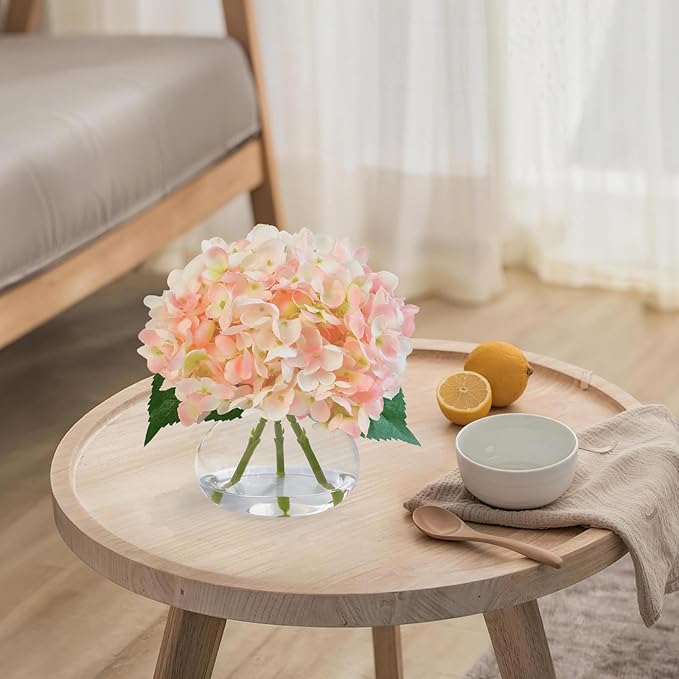 Hydrangea Artificial Flowers in Glass Vase, Powder Silk Fake Flowers Silk Centerpiece Table Decorations for Dining Room， Coffee Table Decor，Wedding, Home with Faux Water Decor（Pink）